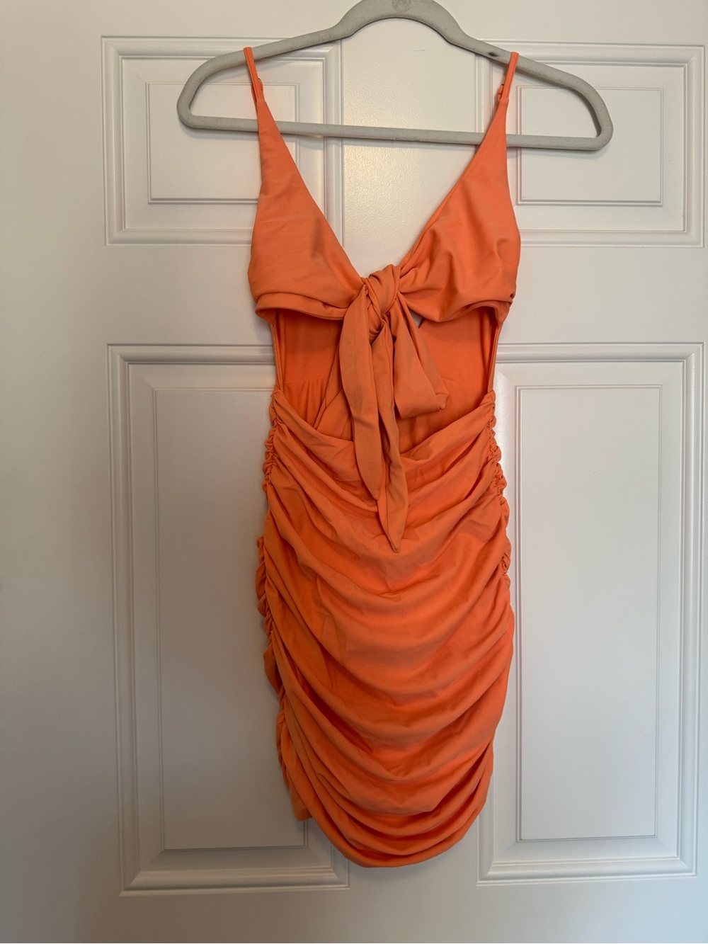 Tiger Mist Orange Tie-Front Ruched Mini Dress